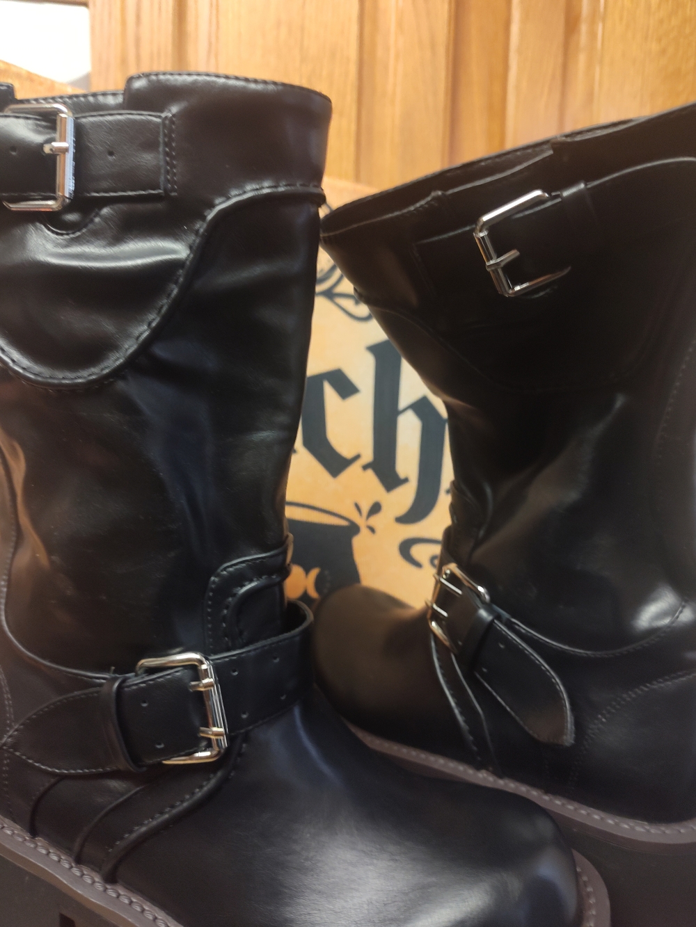 Black Leather Buckle Mid-Calf Women's Boots - Picture 6 of 7